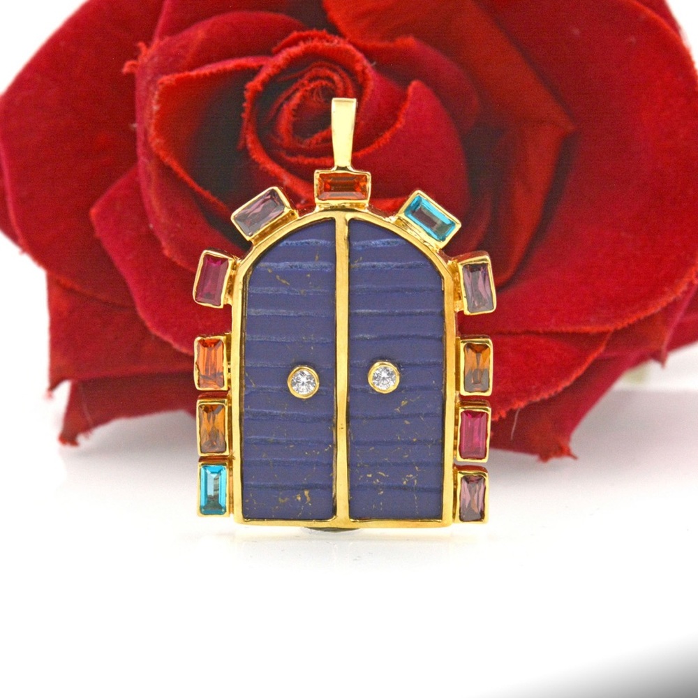 Blue Lapis Gold Plated Door Pendant w Multi Colored Gemstone Boarder-Cus…
